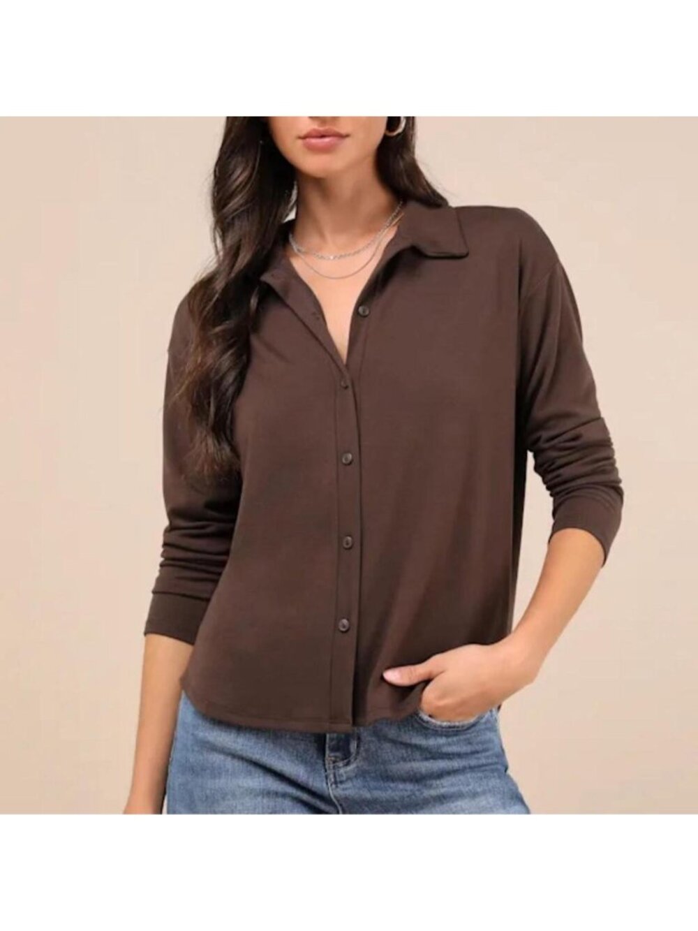 Lulu's brown jersey knit button up top #collar #casual #comfortable #shirt